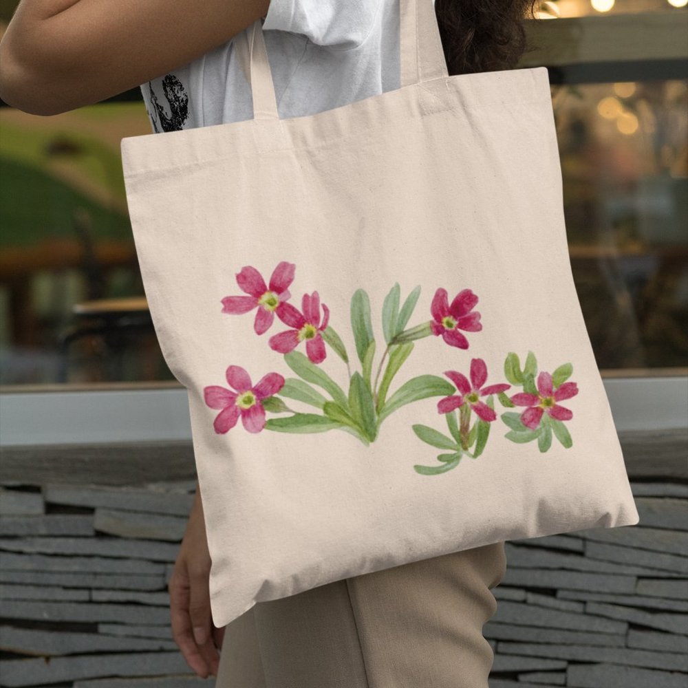 Alpine Primrose Vintage Watercolor Floral Print Graphic Canvas Tote Bag